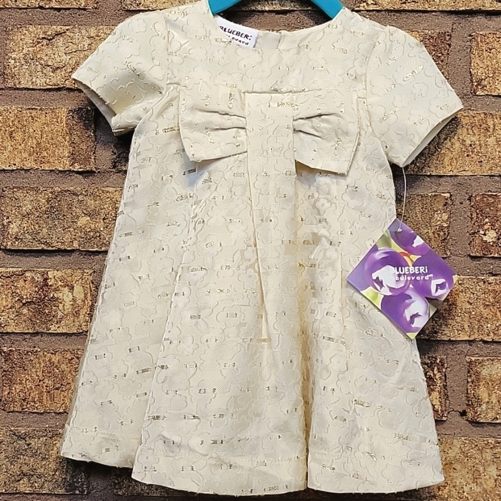 Blueberi Boulevard Elegant Cream Kids Dress with Bow (NEW WITH TAGS)